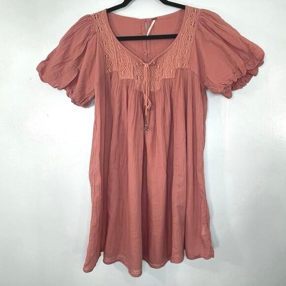Free People Women Mini Dress Puff Sleeve Cotton XS Gauze Embroidered Boho Beach - Picture 1 of 15